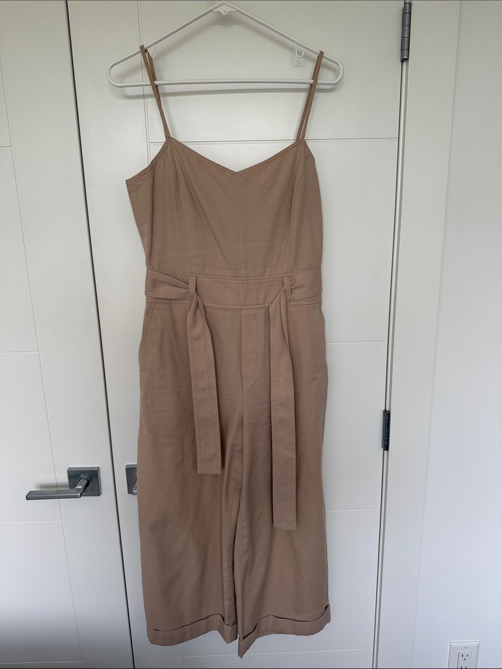 Club Monaco Tan Sleeveless Midi Jumpsuit with Self-Tie Belt